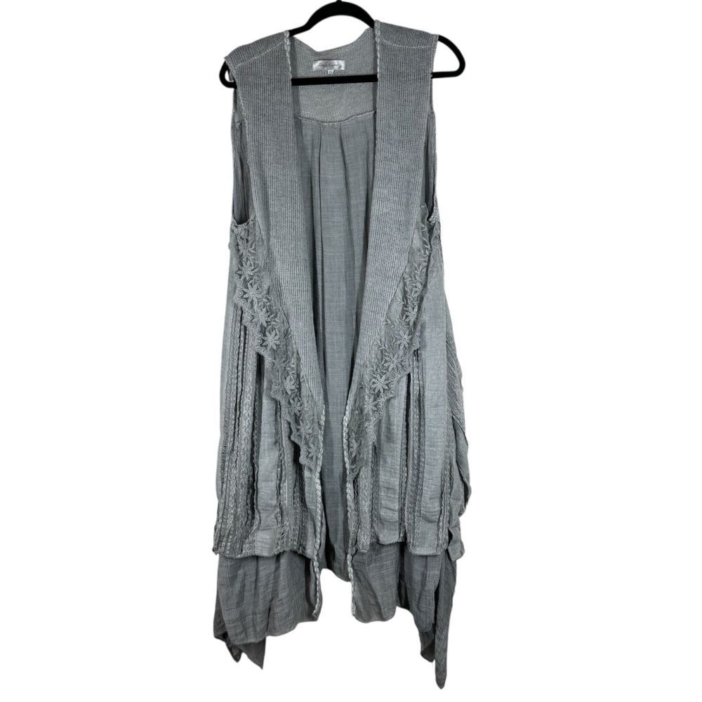 Simply Couture Mixed Print Gray Duster Vest Boho Knit Yarn Cottagecore Womens 2X